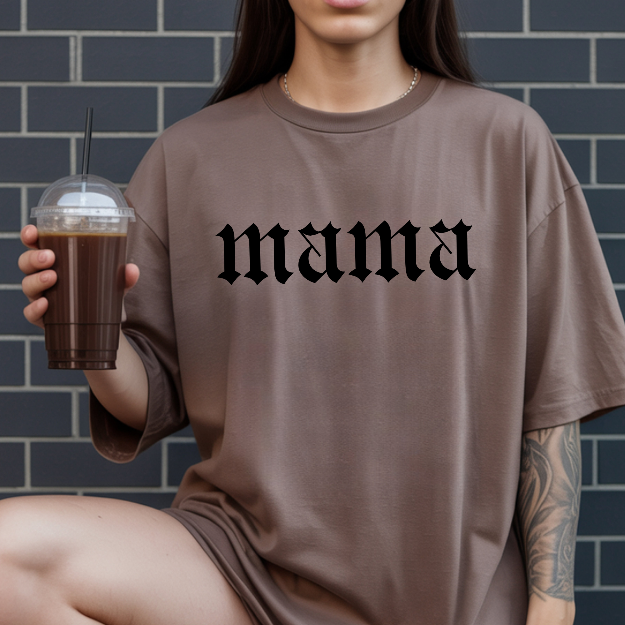 Moody Mama T-shirt, mocha-brown, oversized 'mama' graphic print on front