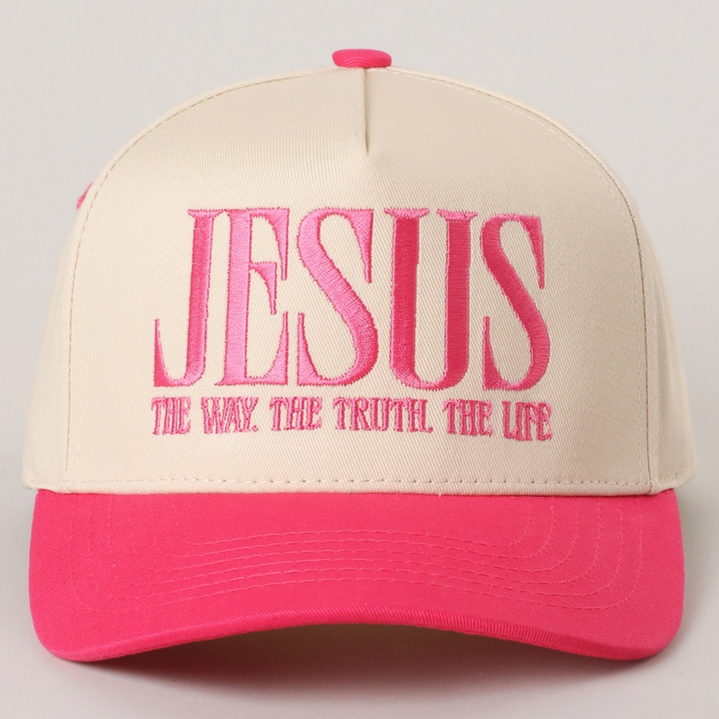 Sand and dark pink baseball cap with embroidered “JESUS” and slogan on front