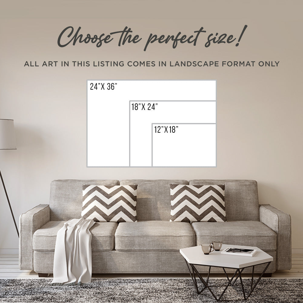 Wall art size options for landscape canvas: 12x18, 18x24, and 24x36 inches.
