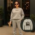 Gray crewneck sweatshirt and jogger sweatpants set, chest and leg cross graphic