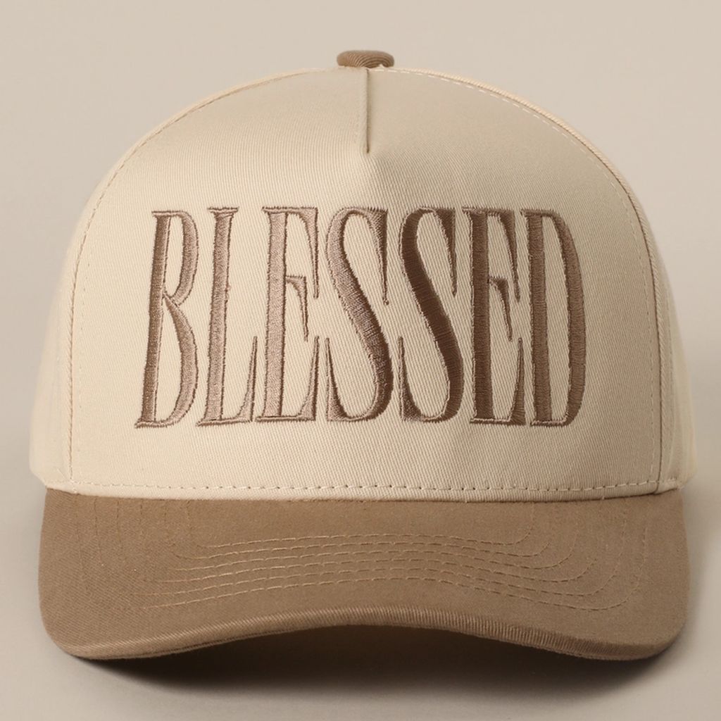 Sand baseball cap with embroidered BLESSED logo and matching curved brim