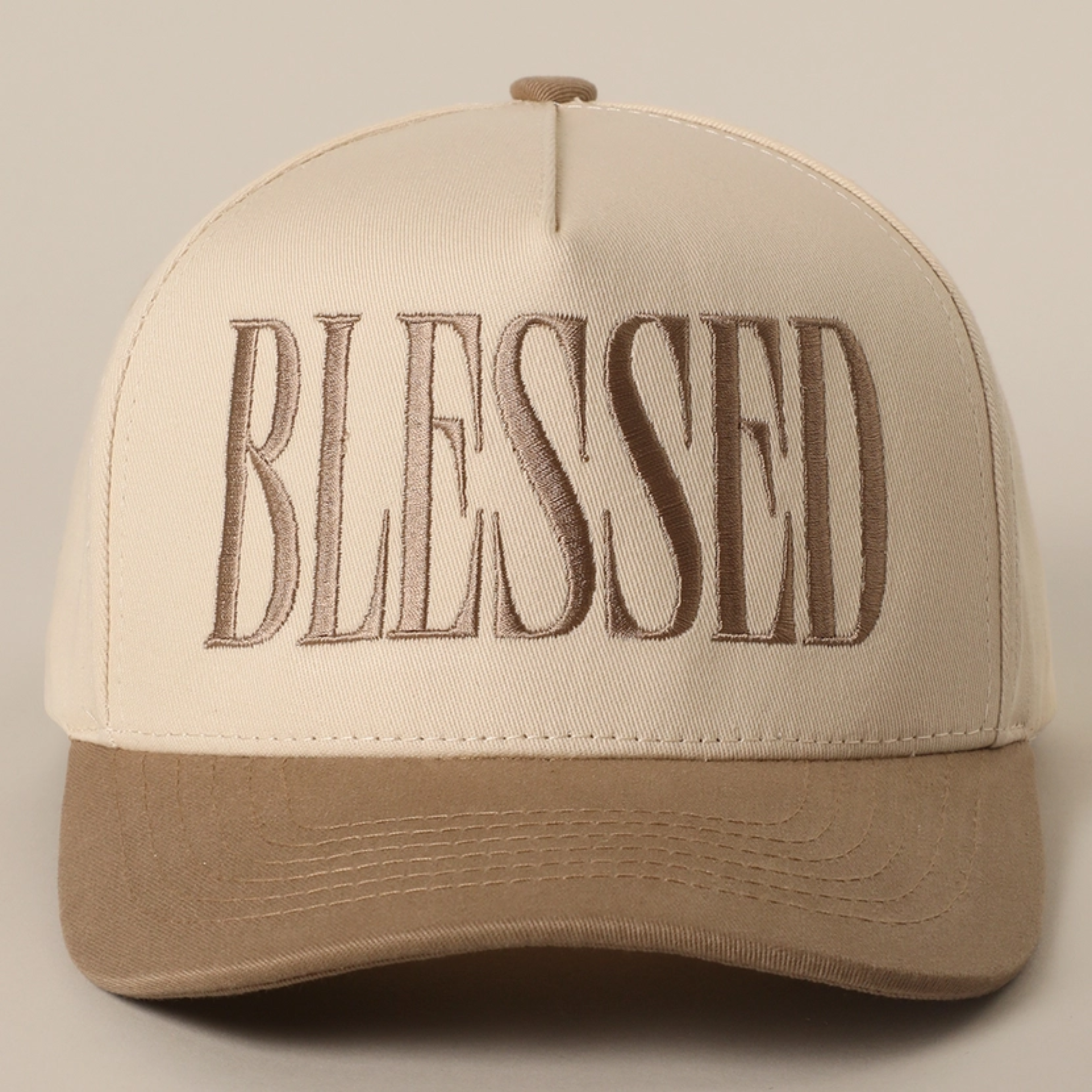 Sand baseball cap with embroidered BLESSED logo and matching curved brim