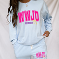 Kendall's Collection crewneck sweatshirt in light blue with pink WWJD graphic