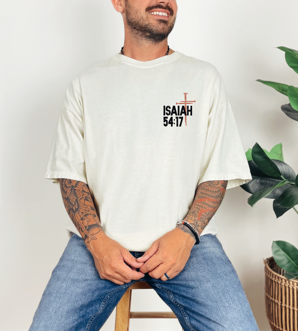 Cream crewneck T-shirt with Isaiah 54:17 cross graphic on the front