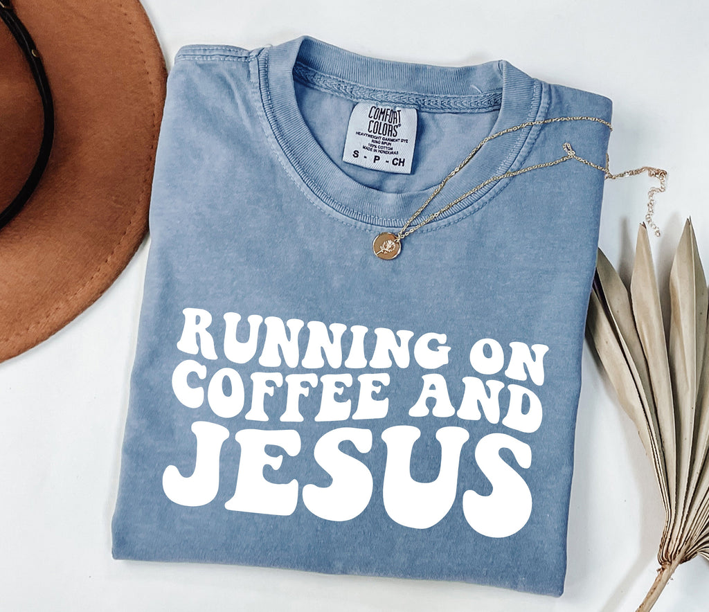 Blue jean Christian graphic t-shirt with Running on Coffee and Jesus front print