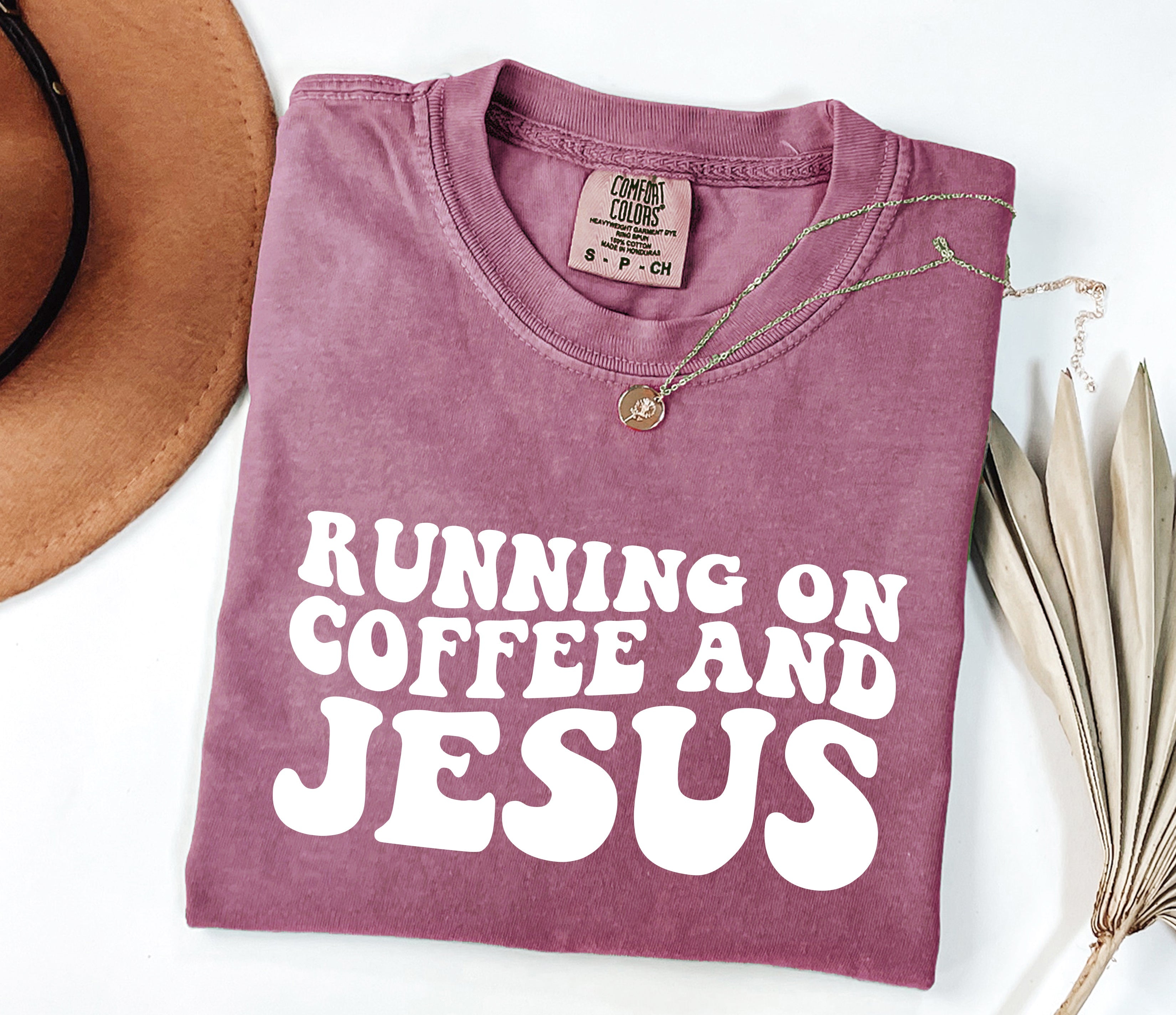 Berry Christian graphic t-shirt with Running on Coffee and Jesus front print