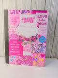 Girls' faith composition book with pink floral cover and faith quote lettering