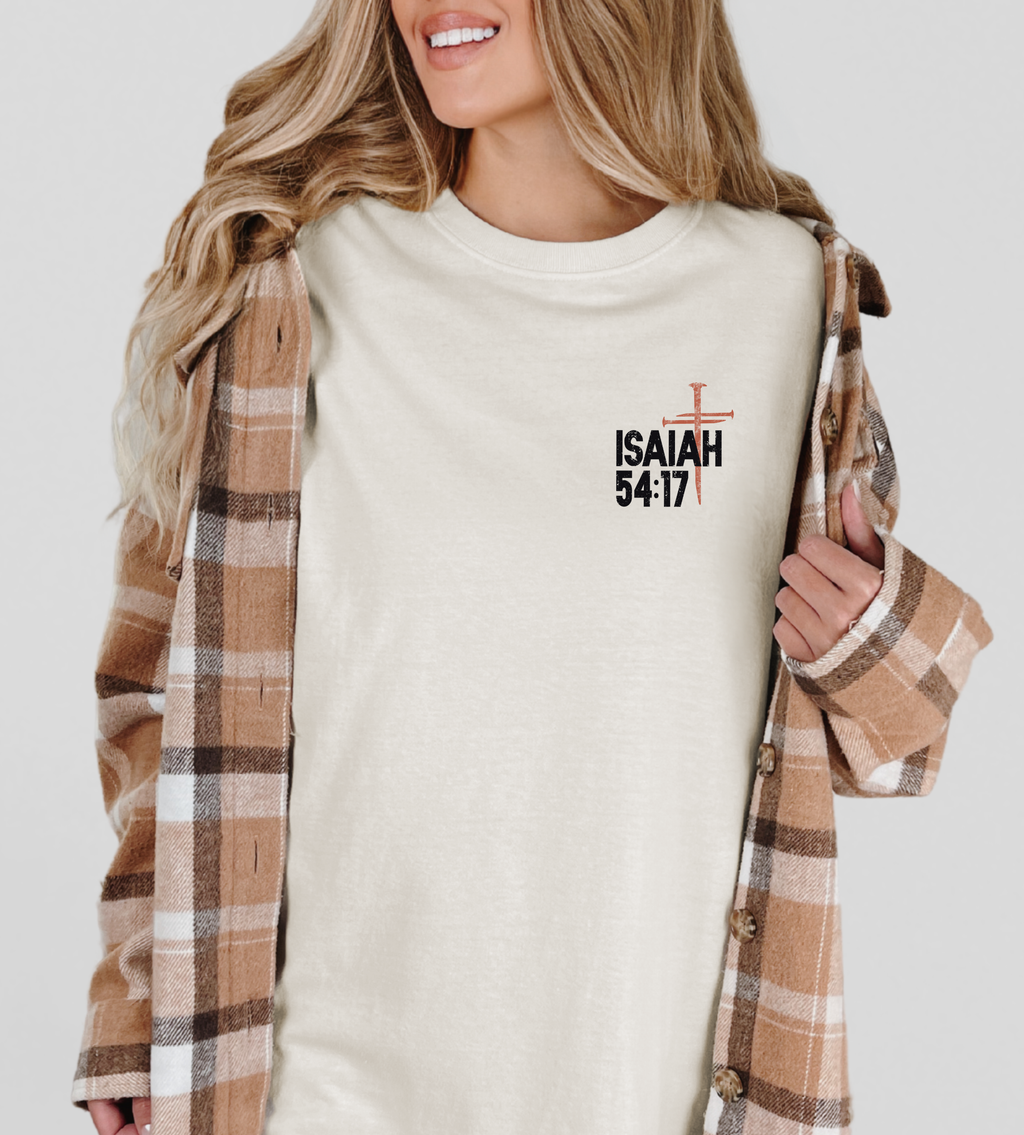 Cream crewneck T-shirt with Isaiah 54:17 cross graphic on the front