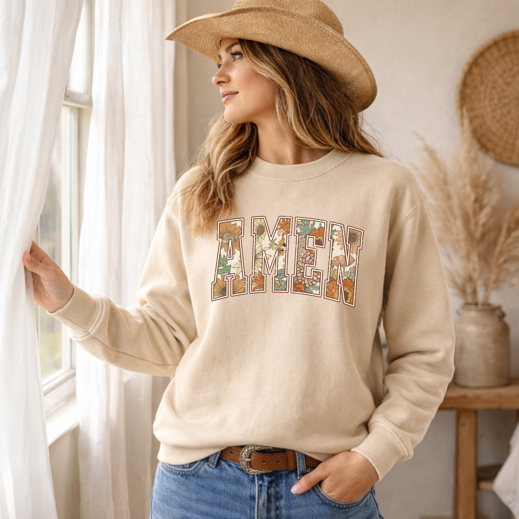 Sand crewneck sweatshirt with long sleeves and AMEN graphic on back