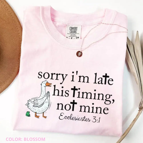 Blossom pink T-shirt with goose Bible verse graphic and script text, crew neck