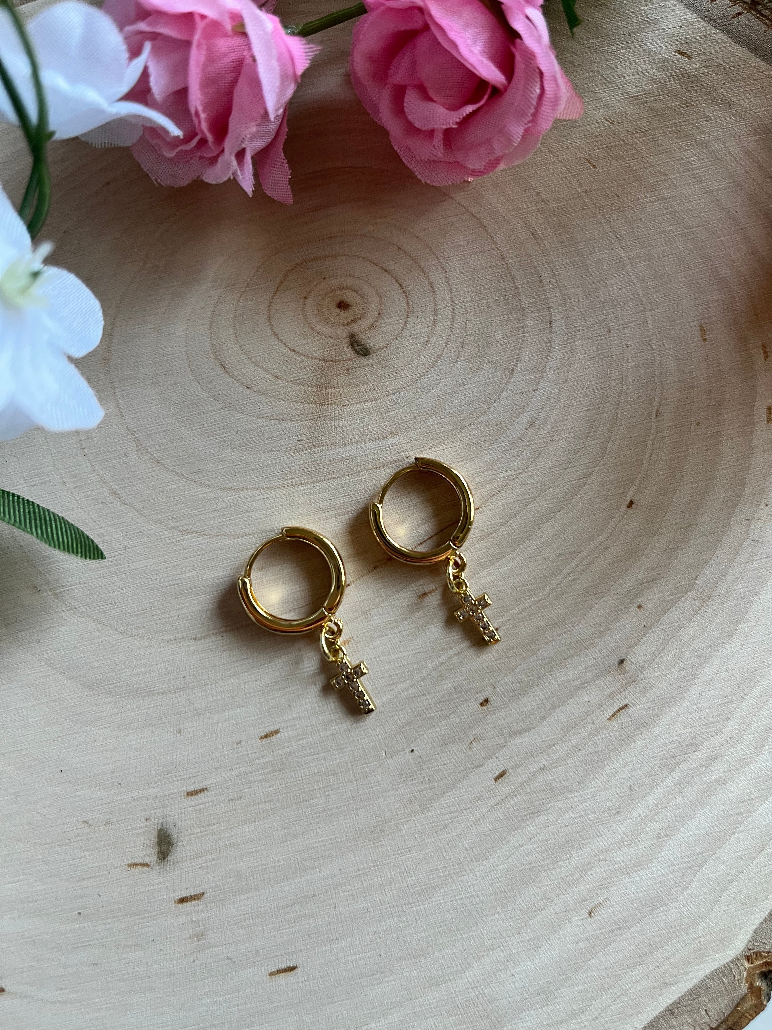 Gold hoop cross earrings with vertical cross charm drops