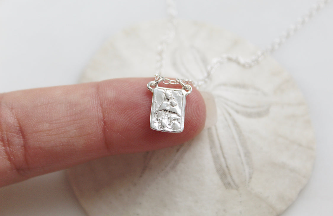 Sterling silver scapular necklace with engraved rectangular pendant and linked chain