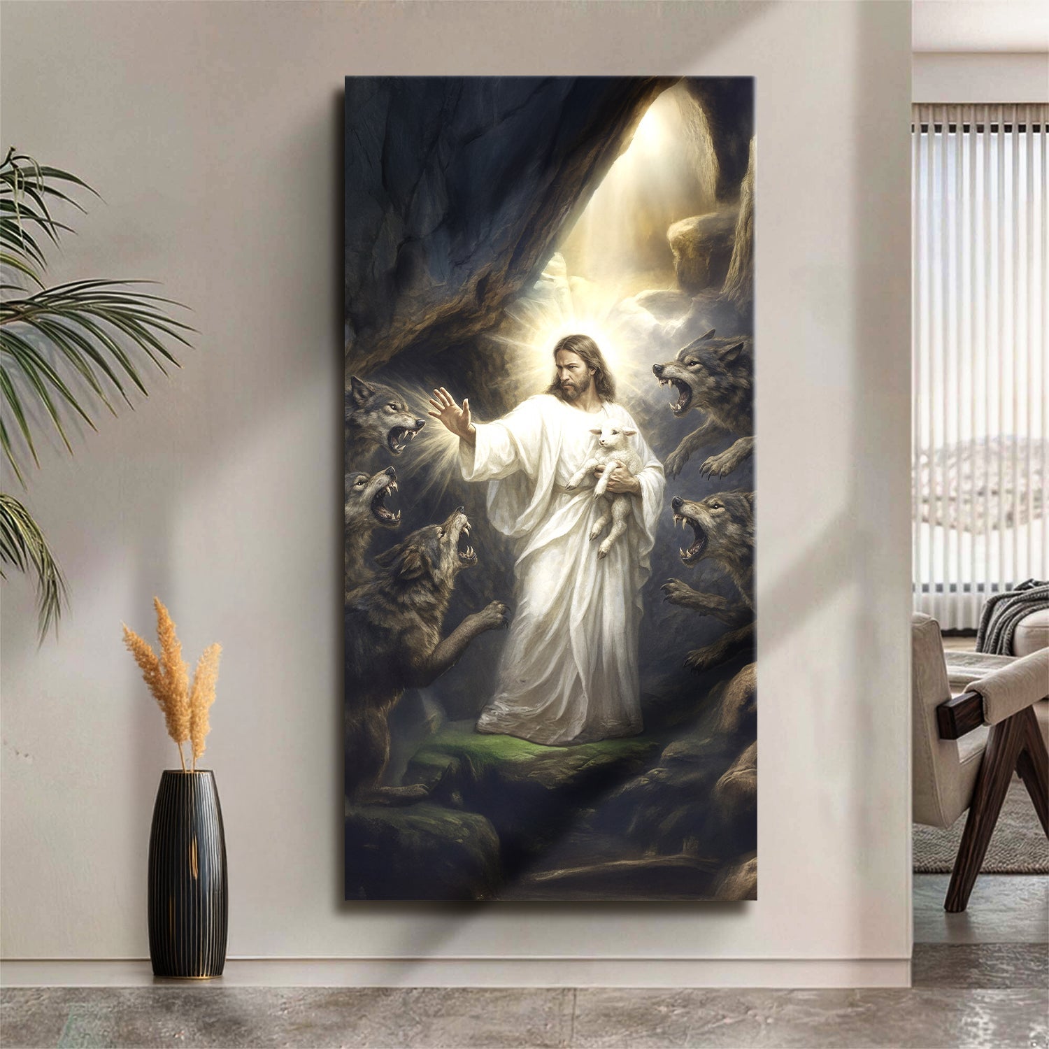 Religious canvas wall art of Jesus holding a lamb amid wolves, dark blue tones