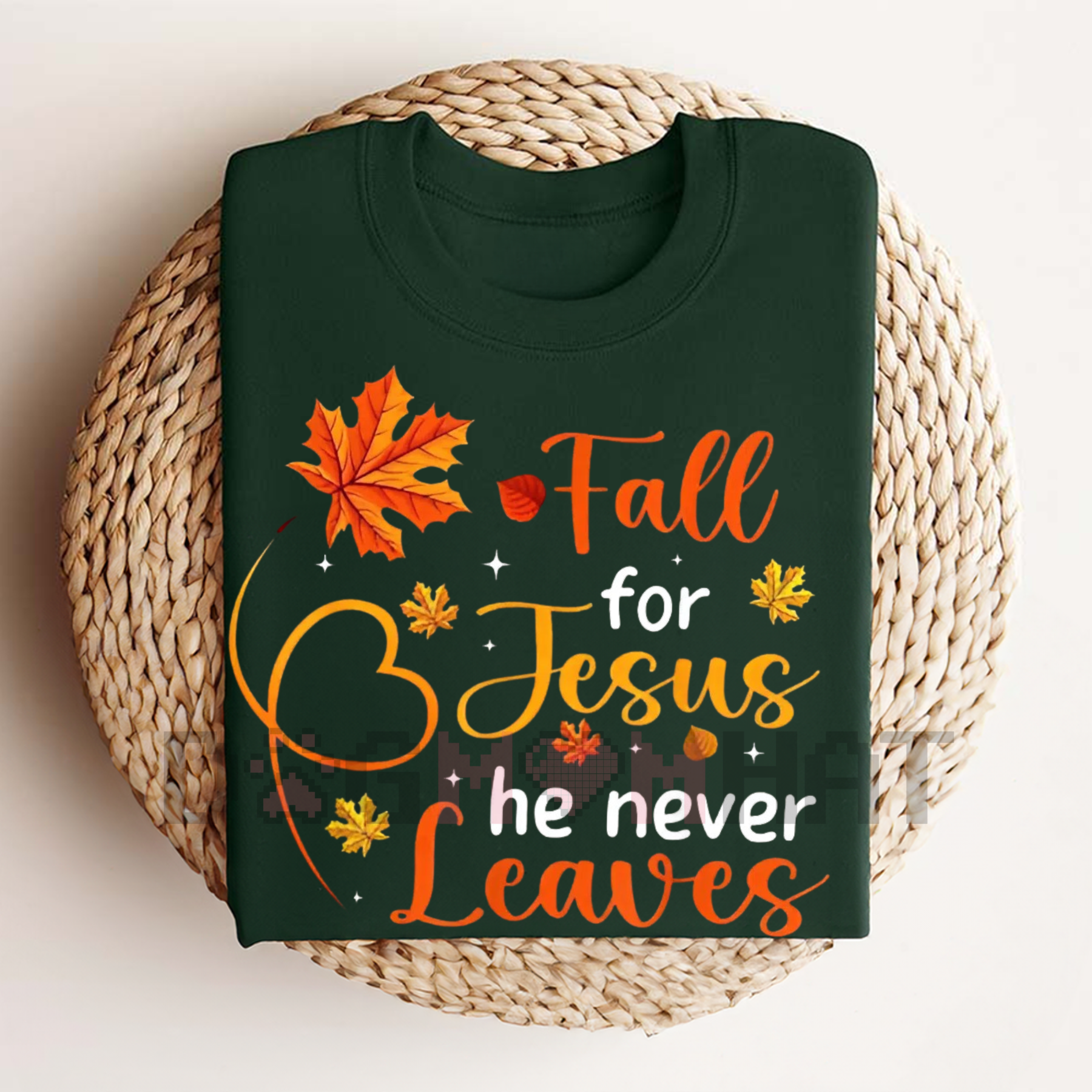 Women’s fall graphic T-shirt, dark green with “Fall for Jesus the never Leaves”