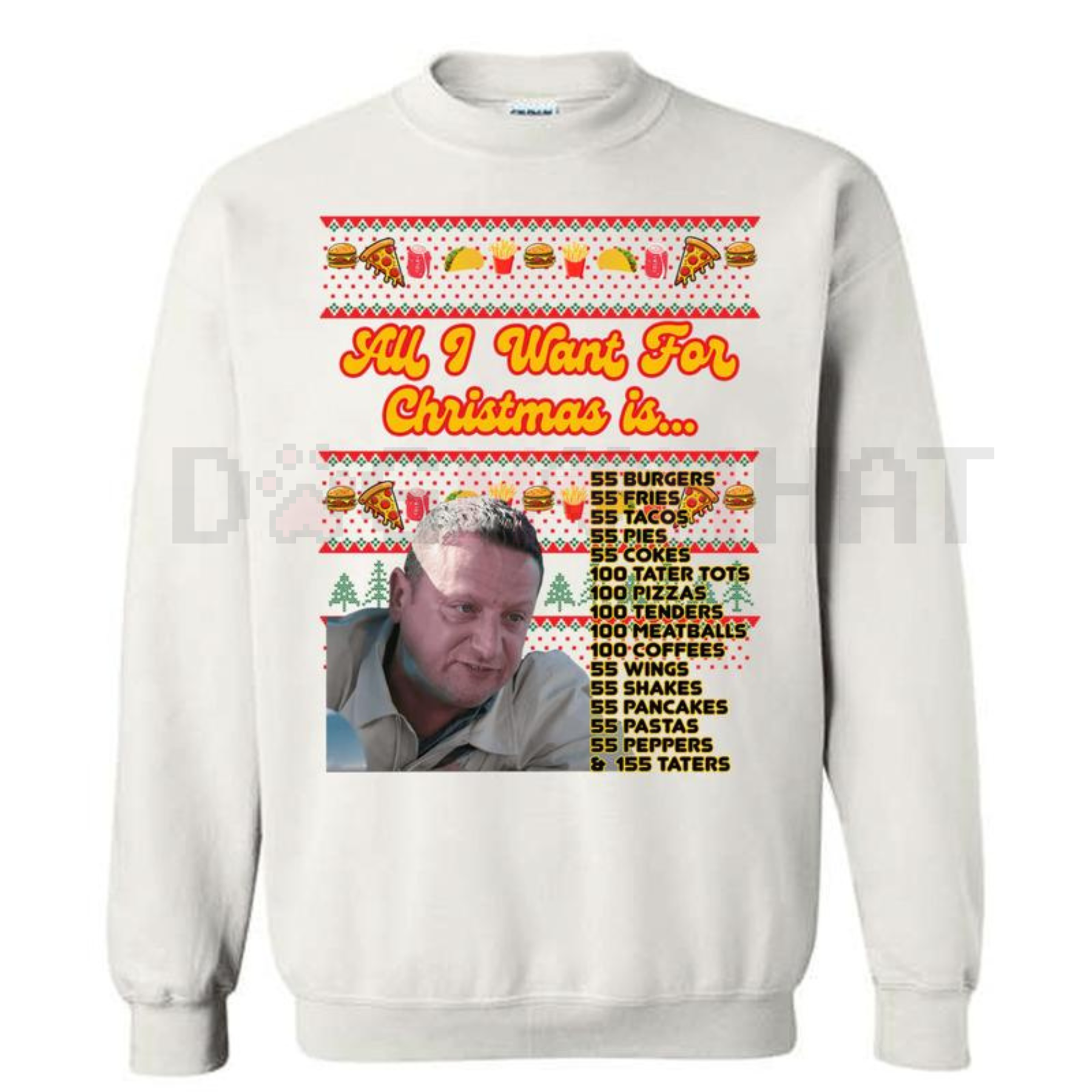 Light gray crewneck sweatshirt with colorful Christmas food-themed front graphic