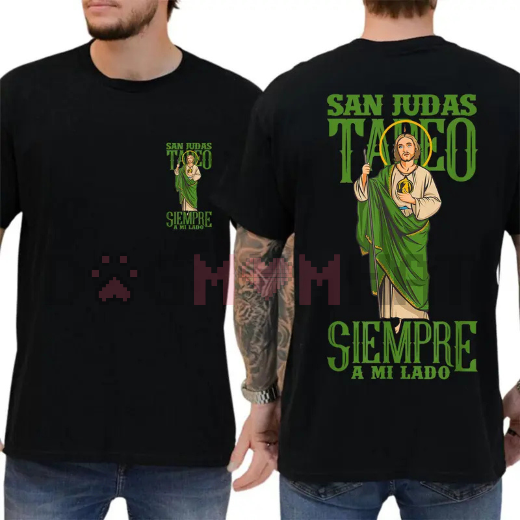 Black graphic t-shirt with saint portrait and “Siempre a mi lado” print on back and front