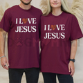 Maroon T-shirt with 'I LOVE JESUS' white print and red heart