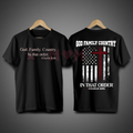 Black crew-neck T-shirt set showing front and back patriotic flag cross graphic