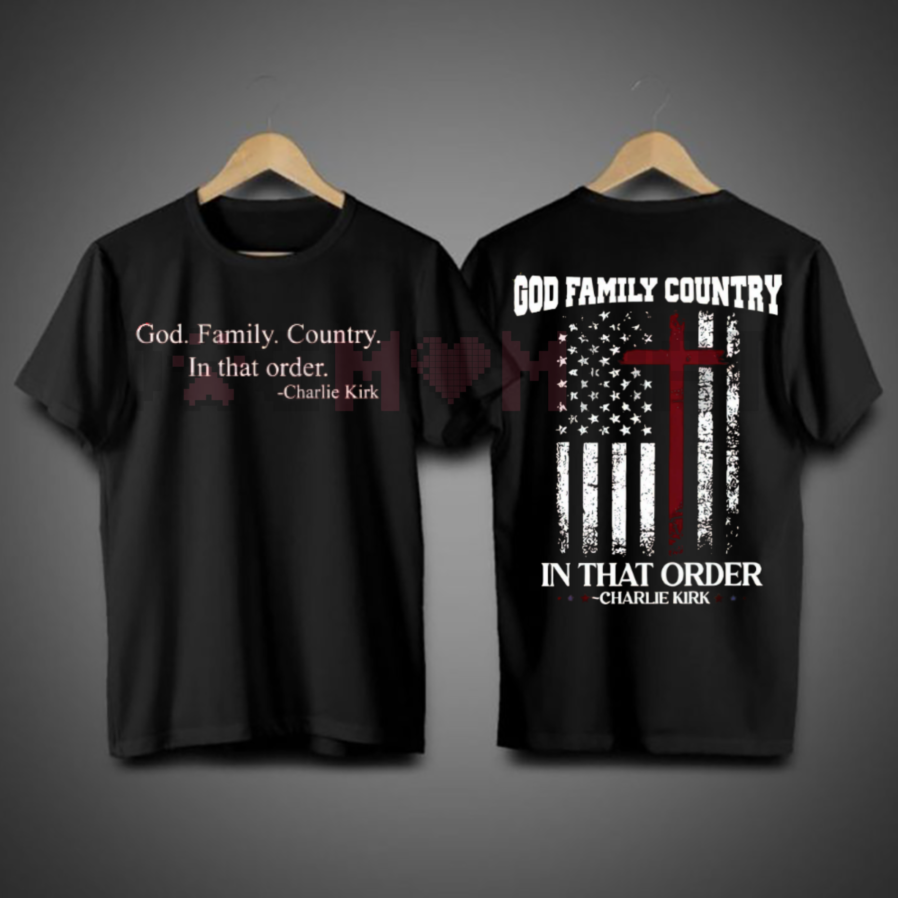 Black crew-neck T-shirt set showing front and back patriotic flag cross graphic