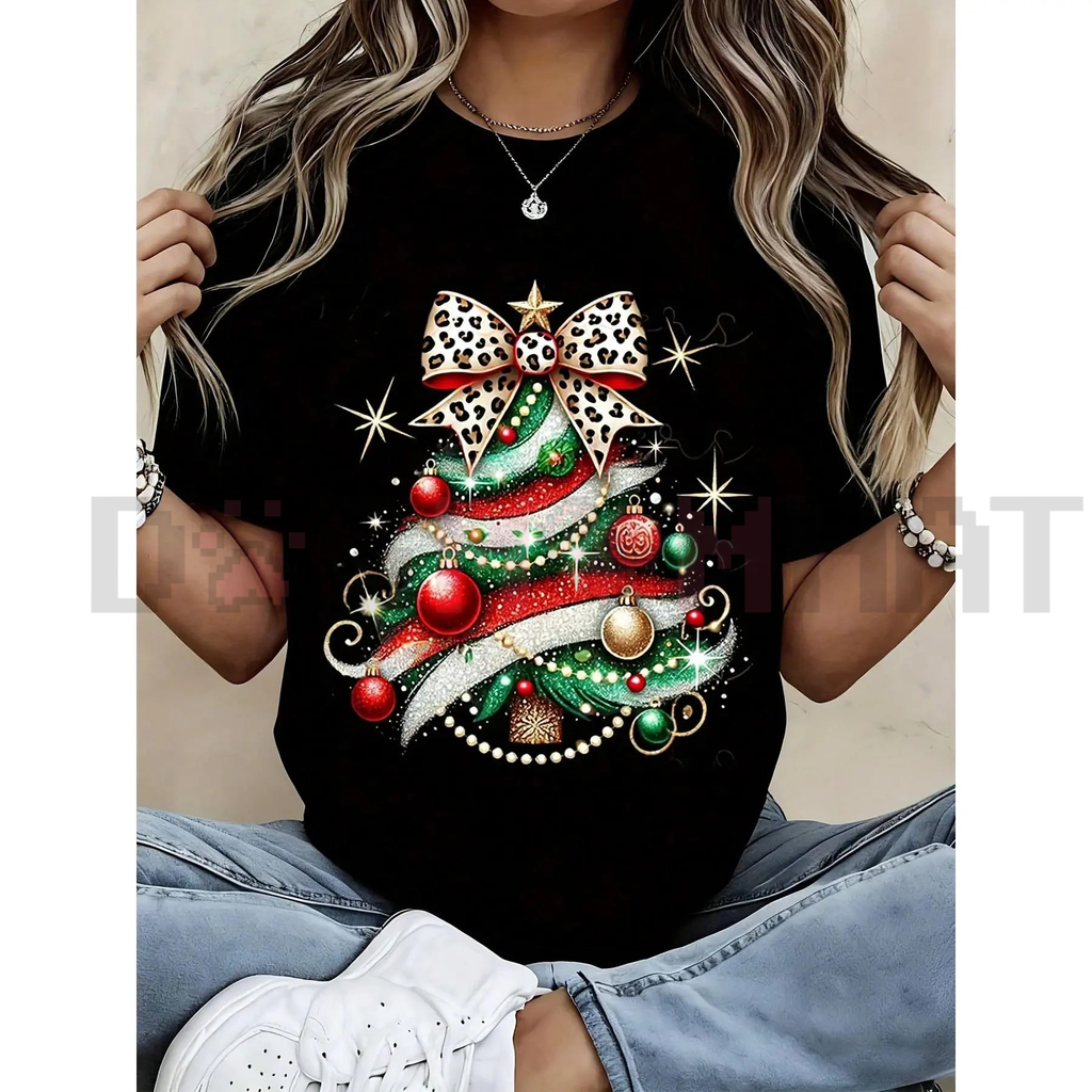 Women’s black T-shirt with glitter Christmas tree graphic, leopard bow and red ornaments