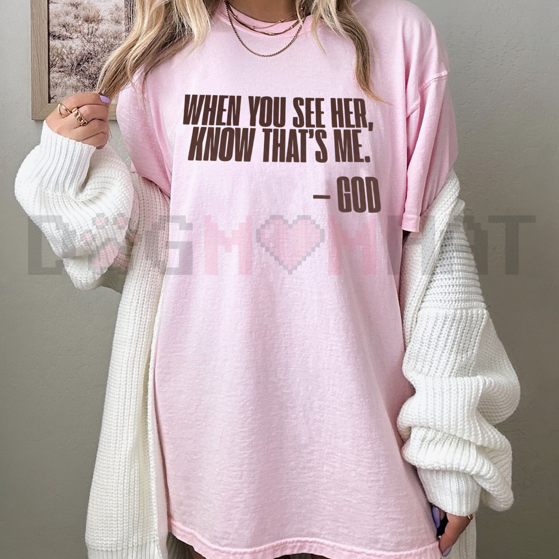 Light pink God graphic T-shirt with front text and heart design