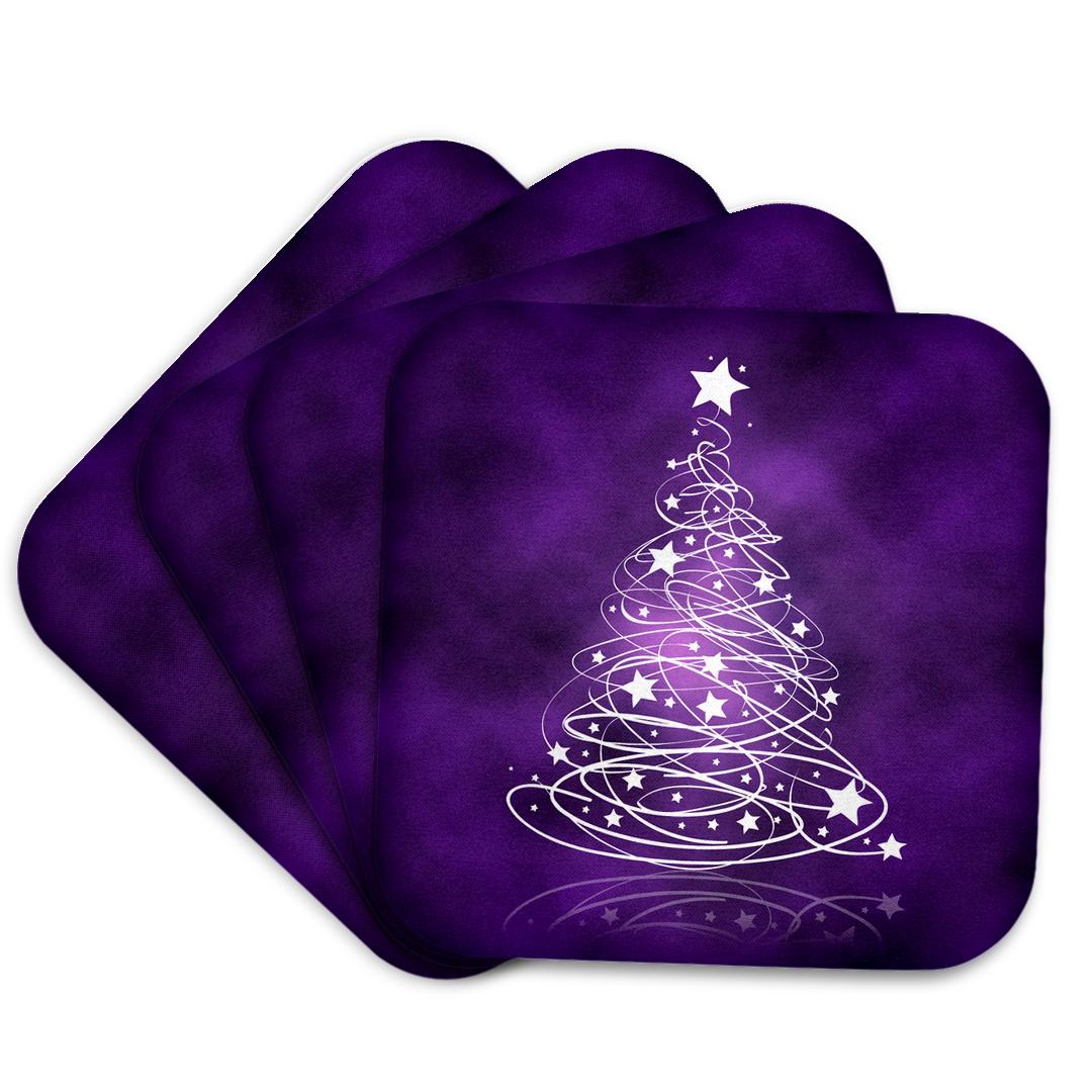 Fanned purple set of coasters with white sparkling Christmas tree artwork