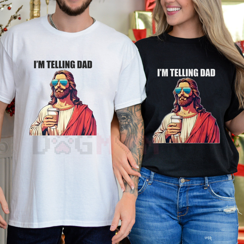 Light blue T-shirt with "I'M TELLING DAD" text and Jesus-style graphic in red