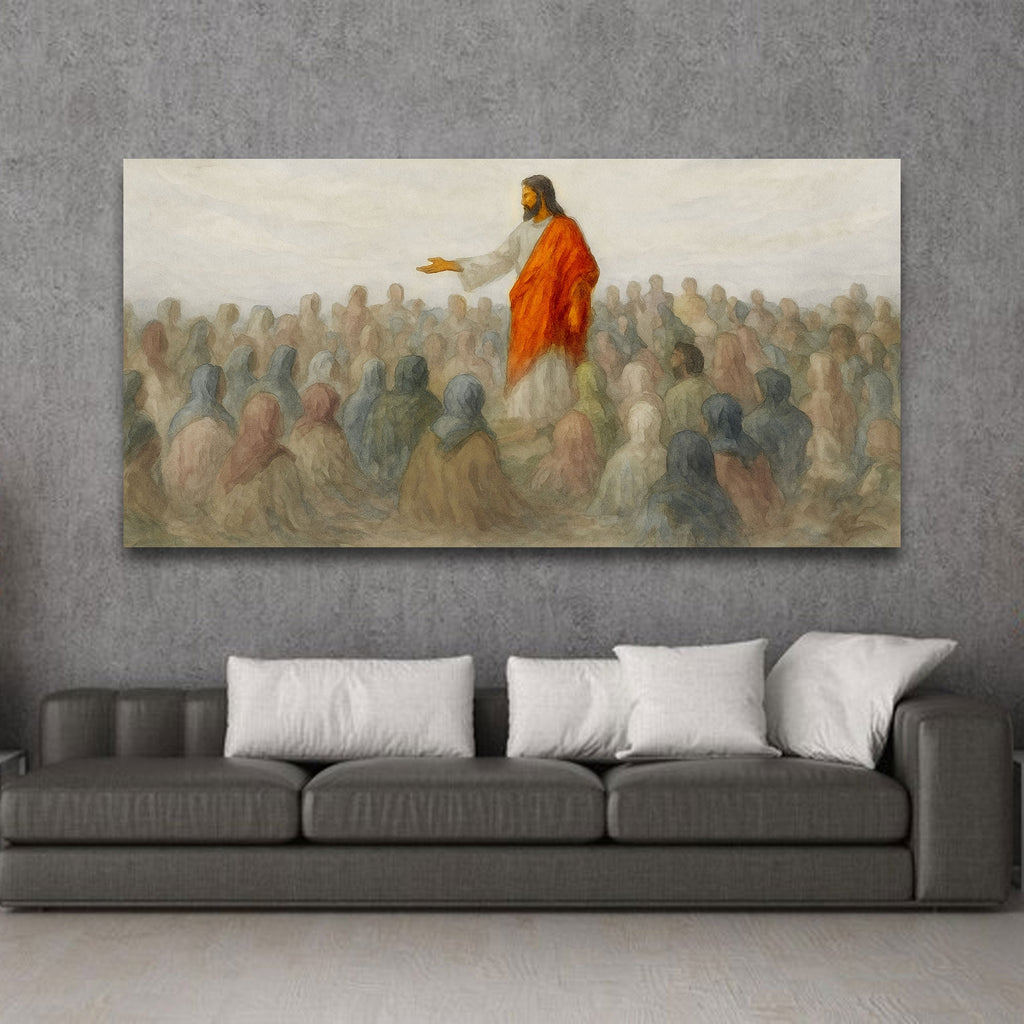 Landscape canvas wall art of a robed figure speaking to a crowd