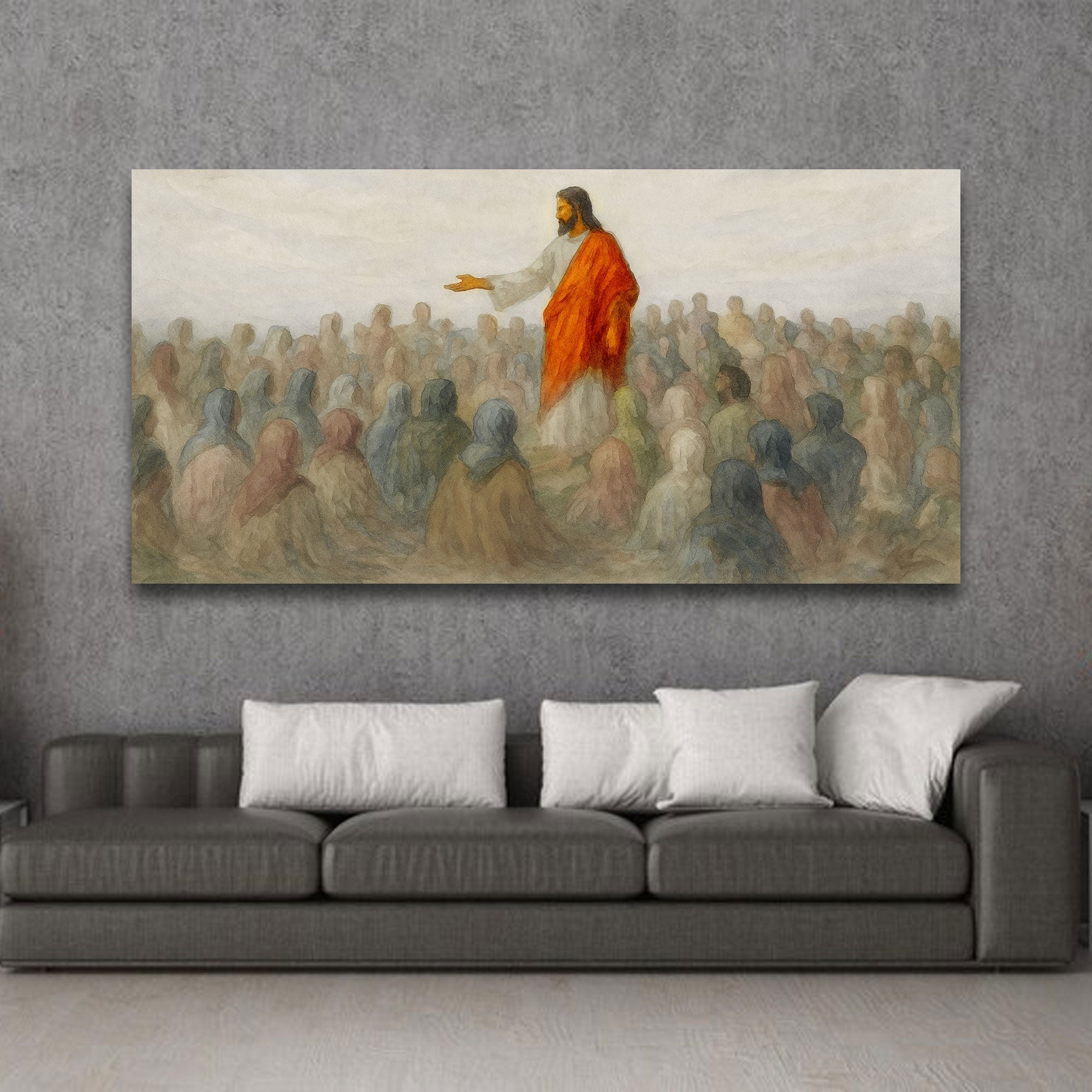 Landscape canvas wall art of a robed figure speaking to a crowd