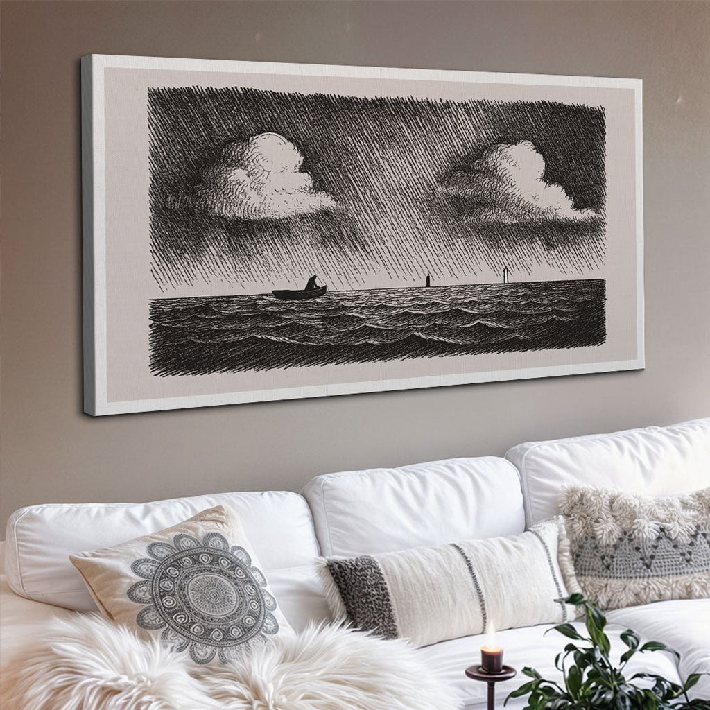 Framed monochrome canvas wall art showing Jesus walking on water with stormy clouds
