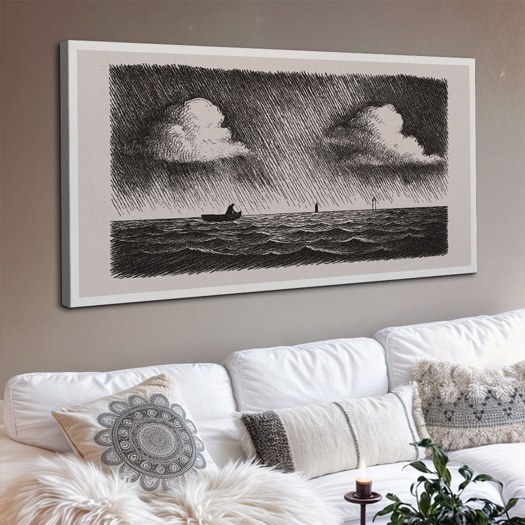 Framed monochrome canvas wall art showing Jesus walking on water with stormy clouds