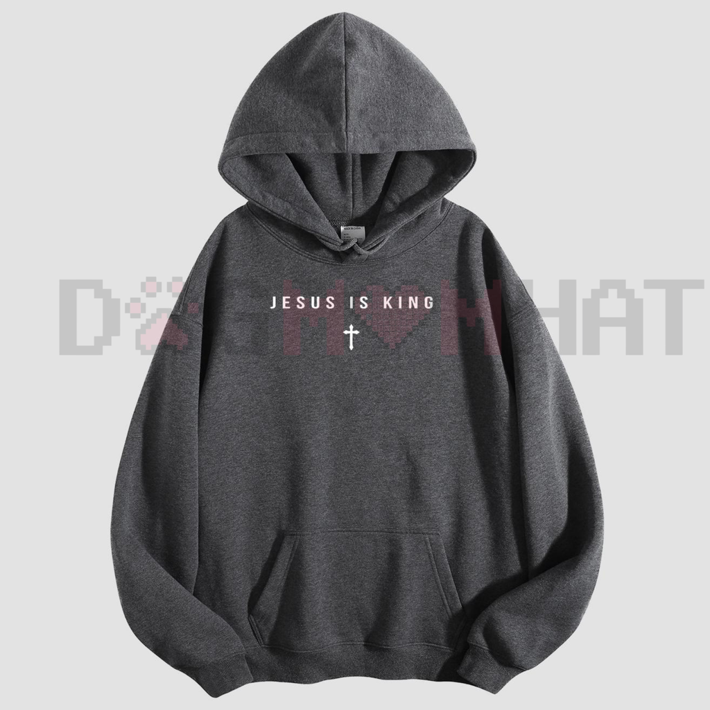 Dark gray Jesus Is King cross graphic hoodie with kangaroo pocket