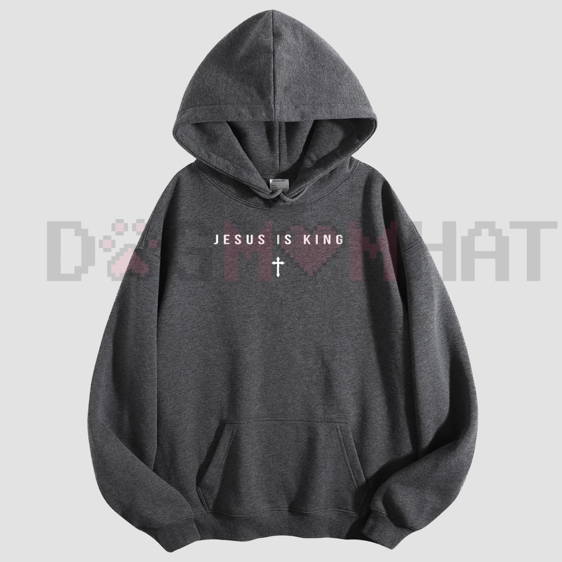 Dark gray Jesus Is King cross graphic hoodie with kangaroo pocket