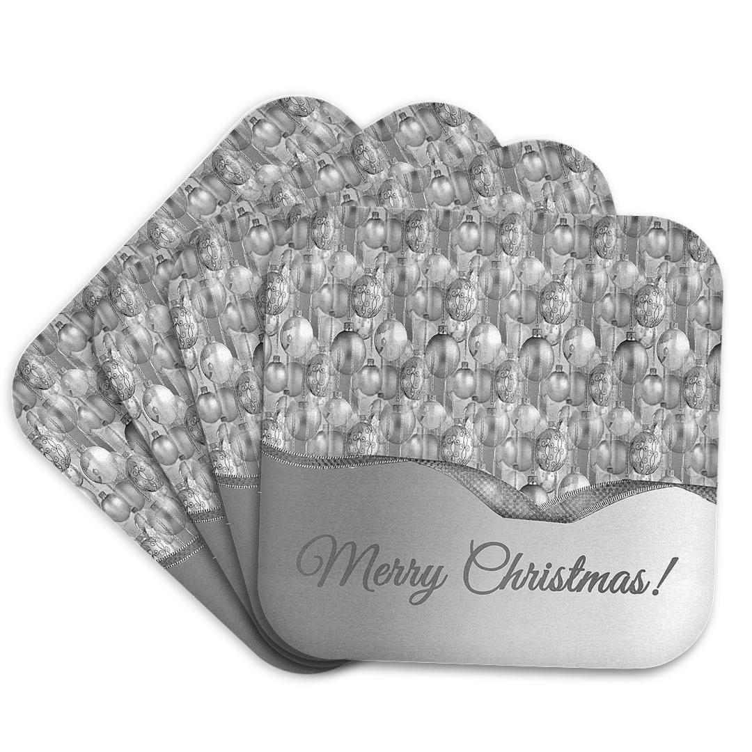 Angled set of silver ornament-pattern coasters with Merry Christmas script
