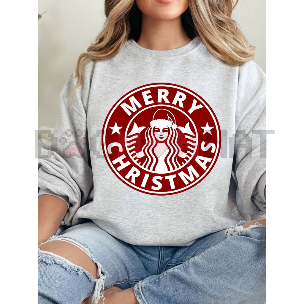 Light gray crewneck sweatshirt with red “Merry Christmas” graphic emblem