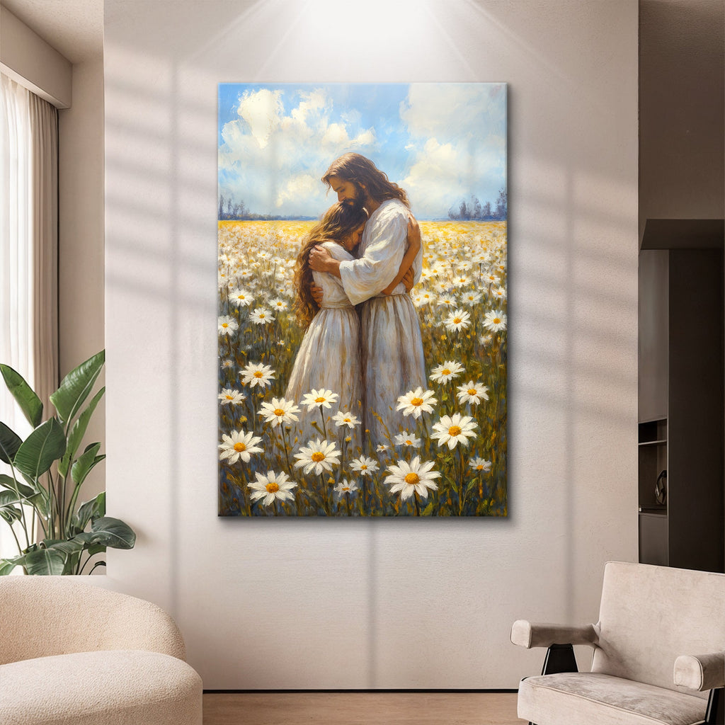 Faith wall art canvas of Jesus hugging a woman in a flower field with daisies