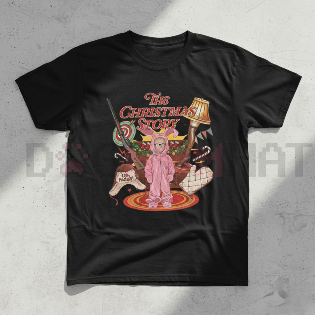Black crewneck graphic tee with colorful vintage-style print on the front.