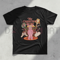 Black crewneck graphic tee with colorful vintage-style print on the front.