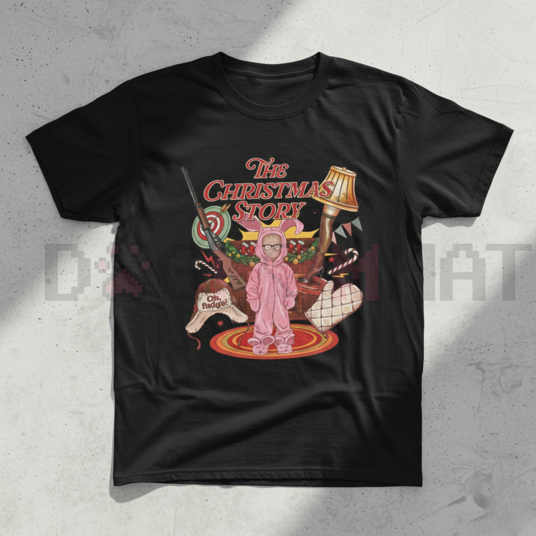 Black crewneck graphic tee with colorful vintage-style print on the front.