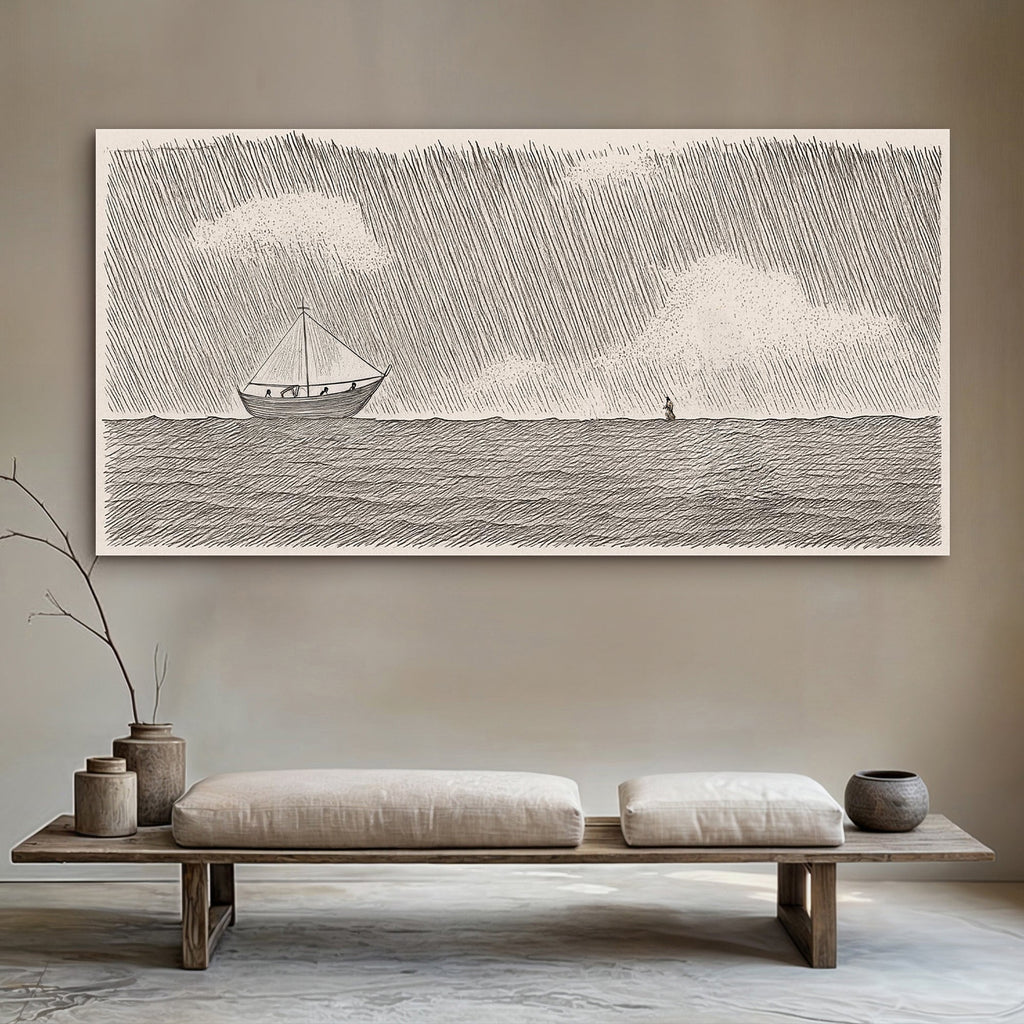 Jesus walking on water faith wall art canvas print hanging on a wall with sailboat scene