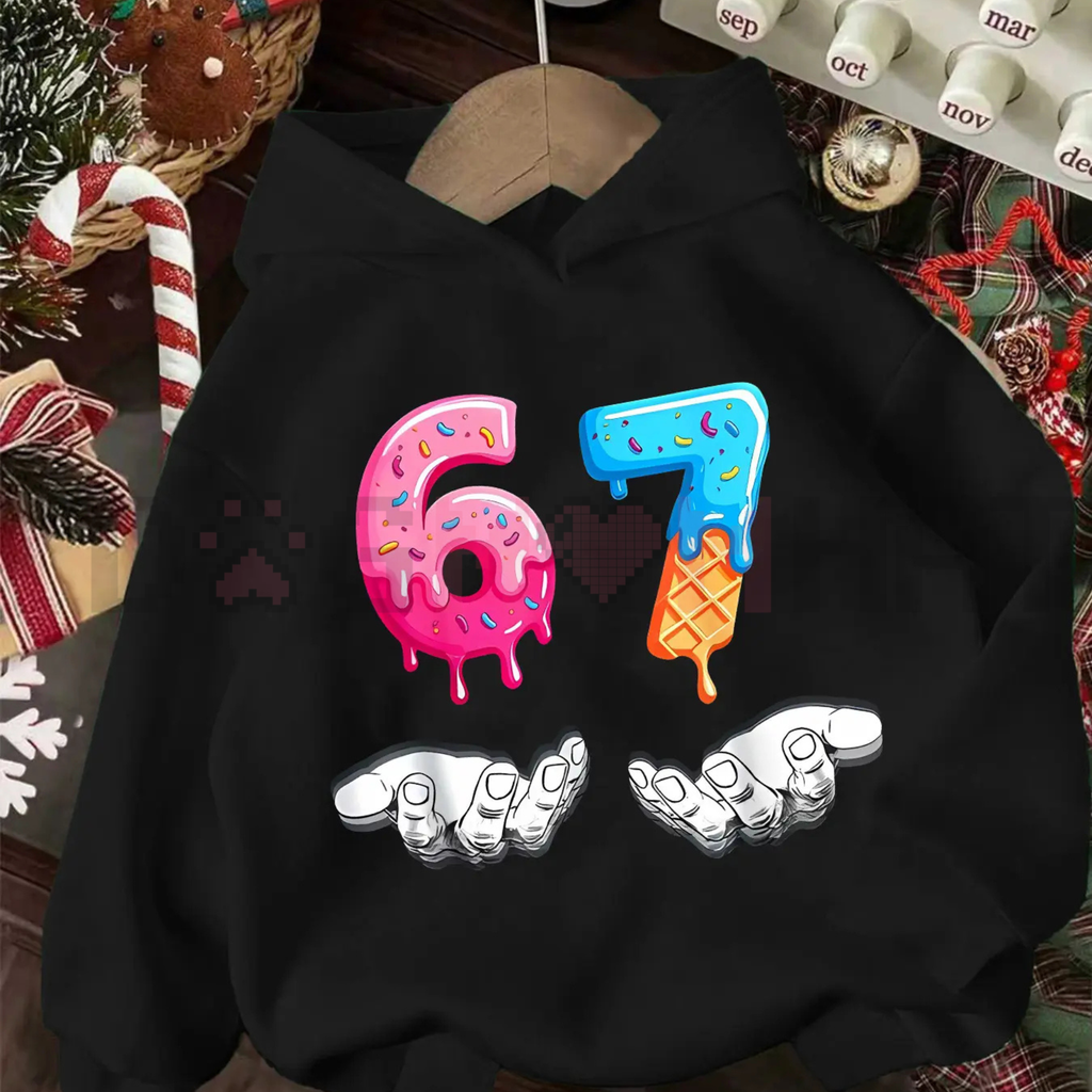 Black Christmas hoodie pullover with colorful ice cream graphic and white print