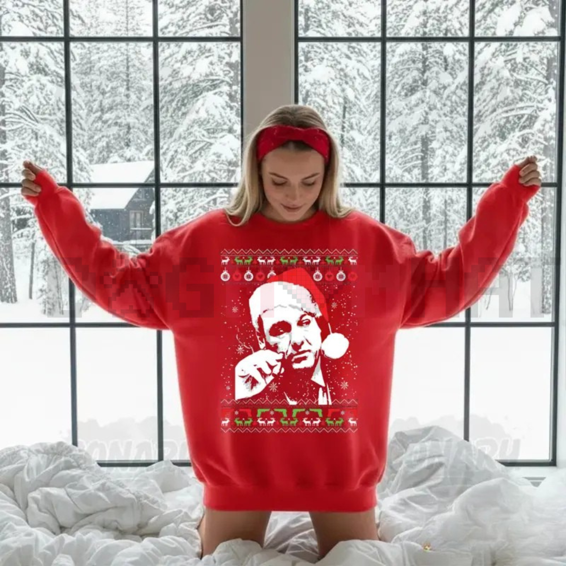 Red Tony Soprano ugly Christmas sweatshirt with Santa hat face graphic, long sleeves