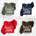 Crewneck sweatshirt set in military green, navy, red, and dark chocolate with heart graphic
