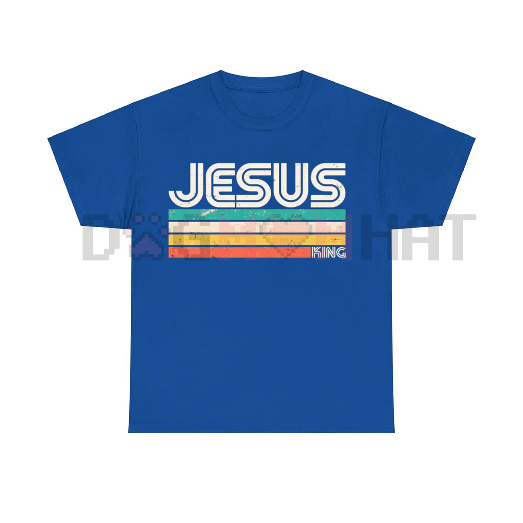 Blue T-shirt with JESUS and KING graphic bar print