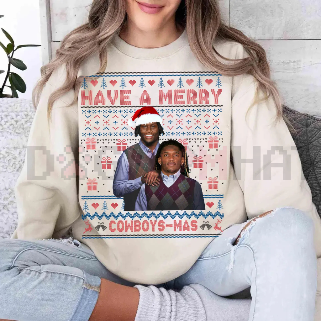 Cream Christmas graphic sweatshirt with 'Have a Merry Cowboys-Mas' print