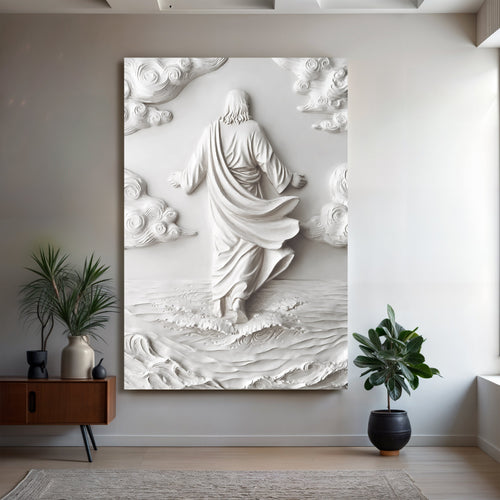 3D minimalist Jesus walking on water canvas wall art, white relief figure with water waves