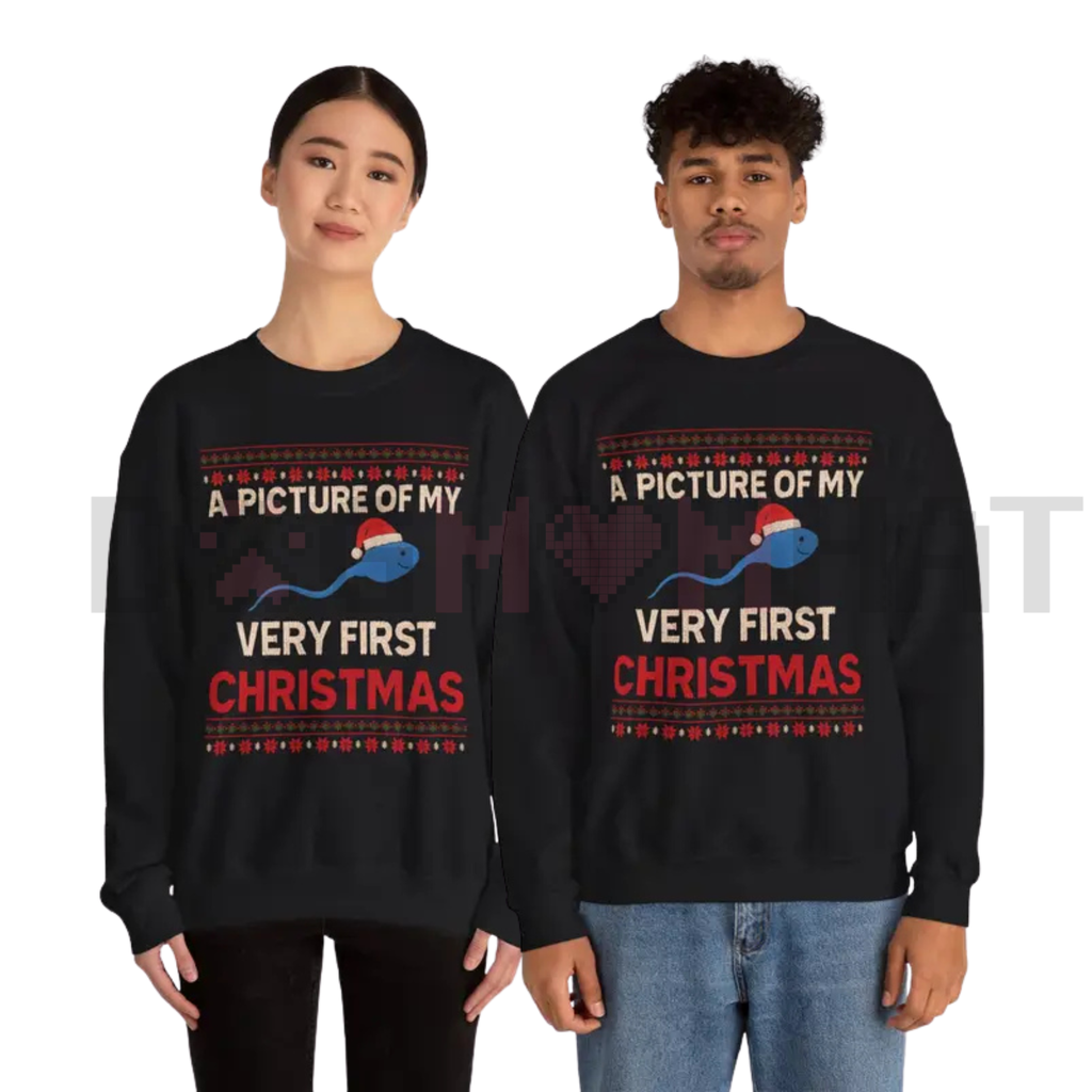 Black unisex crewneck sweatshirt with 'Very First Christmas' graphic and blue dinosaur.