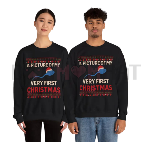 Black unisex crewneck sweatshirt with 'Very First Christmas' graphic and blue dinosaur.