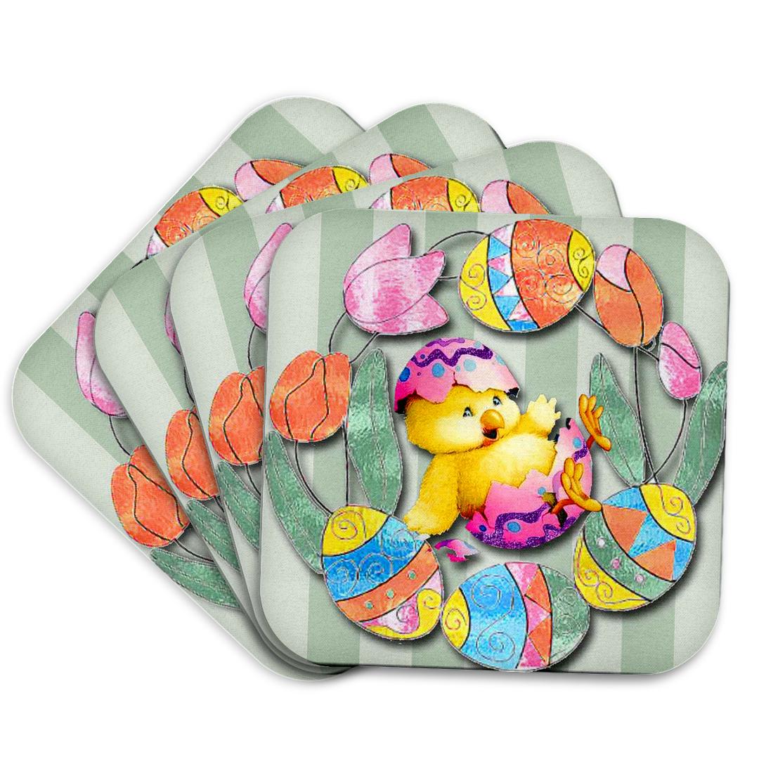 Set of square coasters with Easter chick, decorated eggs, and tulips pattern