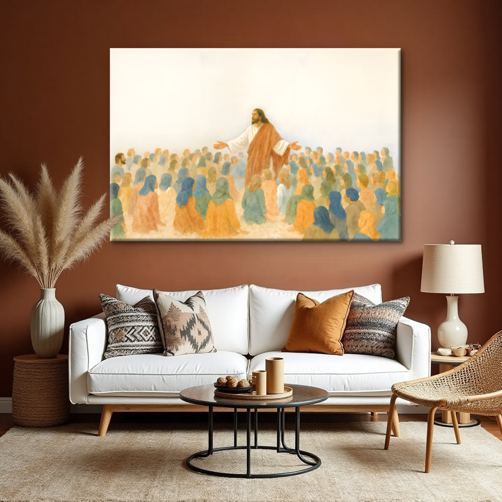 Landscape canvas wall art featuring Jesus speaking to a crowd, warm orange robe